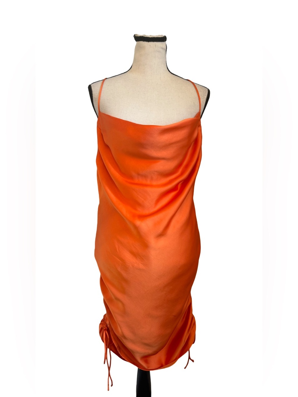 NWT Zara Orange Satin Cowl Neck Ruched Mini Dress Large Adjustable Straps Read